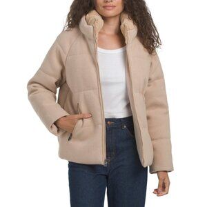 TAHARI Camel Knit Faux Fur Collar Puffer Coat